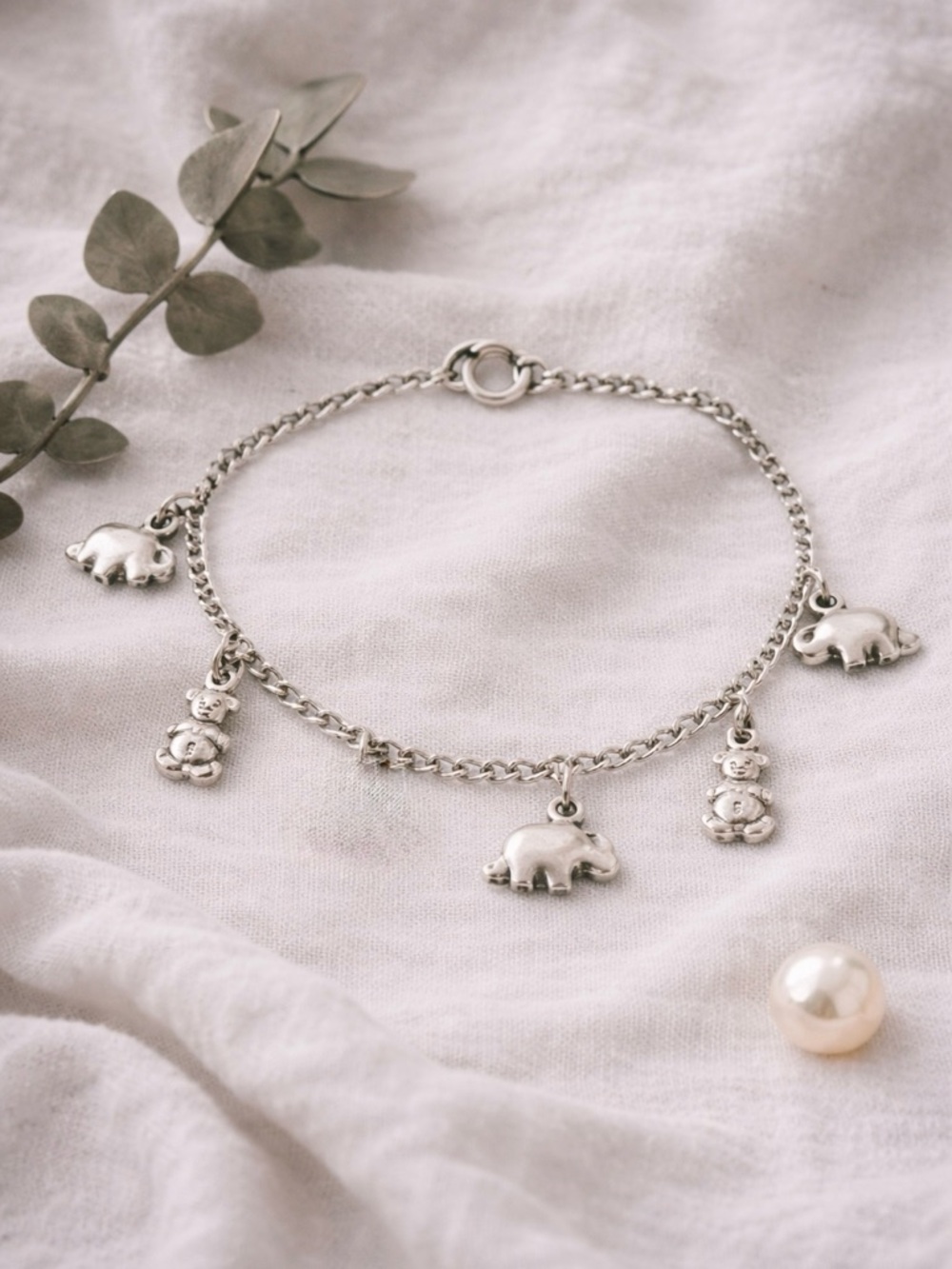 Italy 925 Sterling Silver Figaro Teddy Bear
Charm Bracelet 7.5" ITALY Stamped